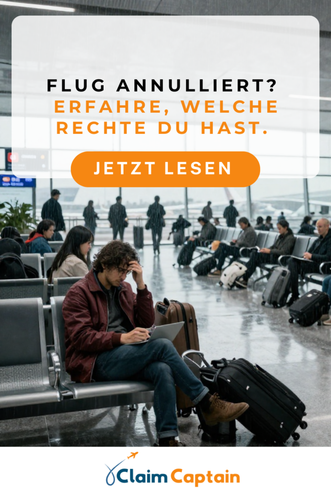 Mann recherchiert am Flughafen wegen Entschädigung bei Flugverspätung.